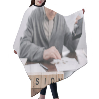 Personality  Selective Focus Of Word 'pension' Made Of Wooden Blocks With Male Pensioner Holding Wallet On Background Hair Cutting Cape
