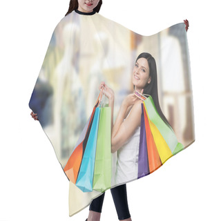 Personality  Beautiful Smiling Young Woman With The Colourful Shopping Bags From The Fancy Shops. Hair Cutting Cape