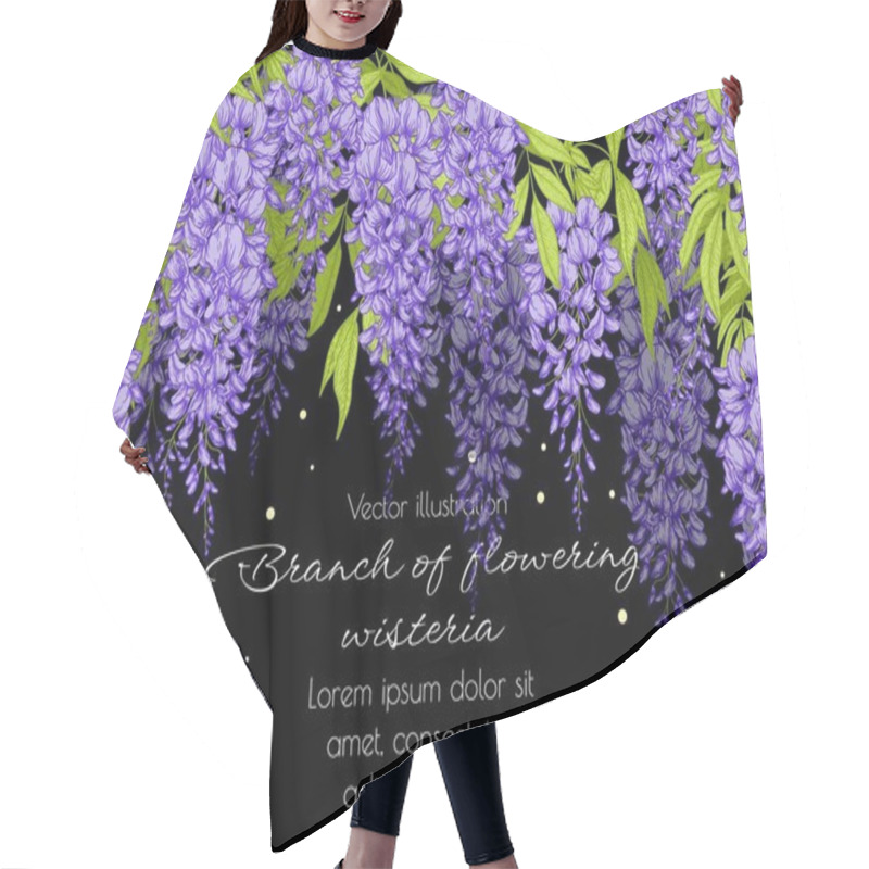 Personality   Vector template banner bush blooming wisteria in engraving style hair cutting cape