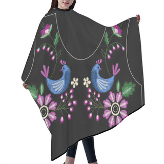 Personality  Embroidery Stitches With Swallow Birds, Wild Flowers For Neckline. Fashion Embroidered Ornament For Textile, Fabric Traditional Folk Decoration. Vector Illustration. Hair Cutting Cape