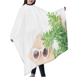 Personality  Tropical Leaves And Beach Bag With Sunglasses  On  White  Background. Top View, Flat Lay. Hair Cutting Cape