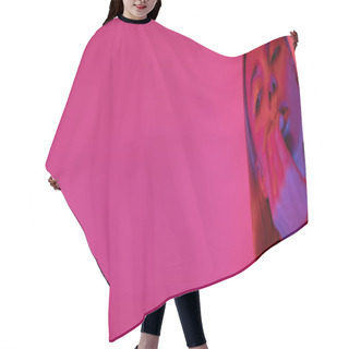 Personality  Woman With Neon Makeup Holding Hand Near Face On Deep Pink Background With Copy Space, Banner Hair Cutting Cape