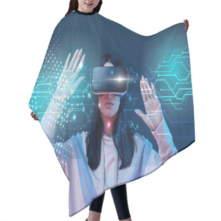 Personality  Young Woman In Virtual Reality Headset Gesturing Among Glowing Cyber Illustration On Dark Background Hair Cutting Cape