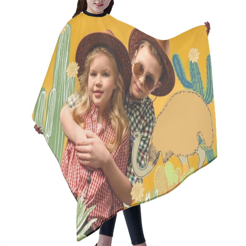 Personality  Little Stylish Travelers In Hats Hugging, On Yellow With Cactuses And Ostrich Illustration Hair Cutting Cape