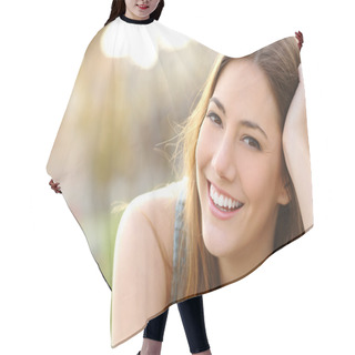 Personality  Girl Smiling With Perfect Smile And White Teeth Hair Cutting Cape