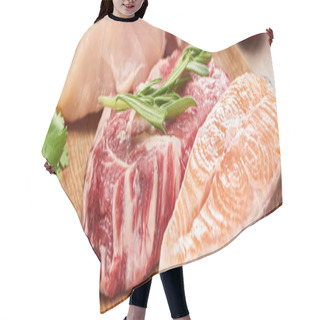 Personality  Panoramic Shot Of Raw Meat With Rosemary Twig Near Salmon And Chicken With Greenery On Wooden Cutting Board Hair Cutting Cape