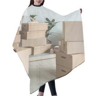 Personality  Close Up View Of Cardboard Boxes In Room Hair Cutting Cape