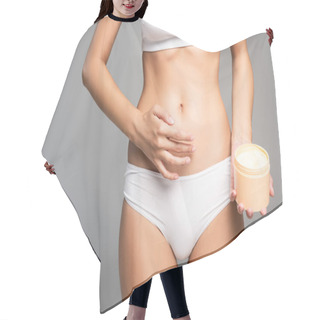 Personality  Cropped View Of Woman In White Underwear Holding Jar With Cream On Grey Hair Cutting Cape