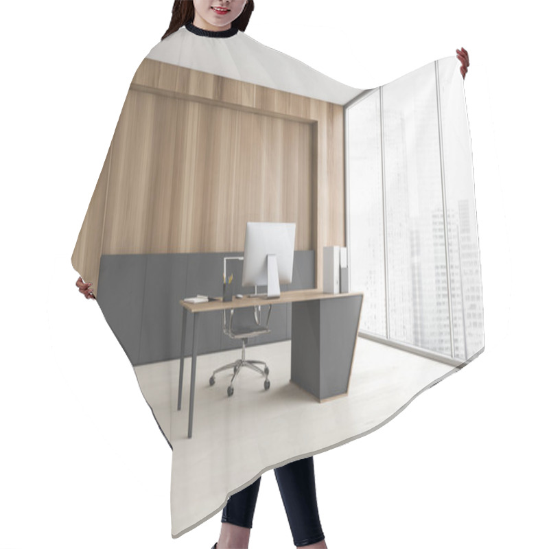 Personality  Corner Of Stylish CEO Office With Gray And Wooden Walls, Wooden Floor And Wooden Computer Table. 3d Rendering Hair Cutting Cape