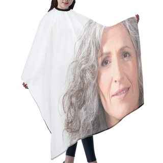 Personality  Portrait Of Woman With Gray Hair Hair Cutting Cape