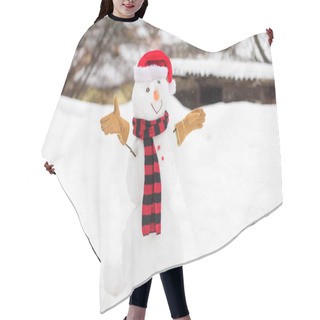 Personality  Cute Snowman Outdoors. Snowman With Hat Scarf And Gloves Snowy Nature Background. Winter Activity. Winter Holidays. Funny Adorable Snowman Cute Grimace. Happy Childhood. First Snow. Weather Forecast Hair Cutting Cape