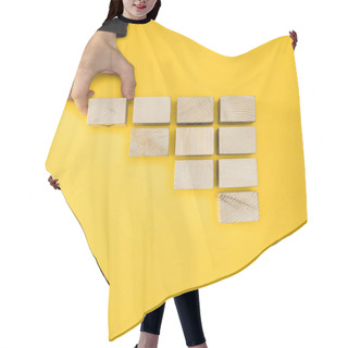 Personality  Top View Of Man Touching Wooden Cube Isolated On Yellow  Hair Cutting Cape
