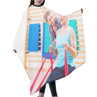 Personality  Senior Woman With Stretch Band At Fitness Hair Cutting Cape