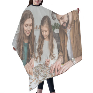 Personality  Happy Parents And Daughter Connecting Puzzle Pieces At Table Hair Cutting Cape