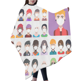 Personality  People Avatars In Protective Masks. Vector Women, Men Avatar For Quarantine Time. Hair Cutting Cape