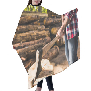 Personality  Cropped Shot Of Lumberjack In Checkered Shirt Chopping Log At Sawmill  Hair Cutting Cape