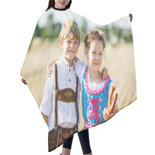 Personality  Two Kids, Boy And Girl In Traditional Bavarian Costumes In Wheat Field Hair Cutting Cape