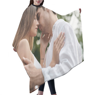 Personality  Side View Of Man Kissing Girlfriend In Crop Top And Standing Together Outdoors, Romantic Couple Hair Cutting Cape