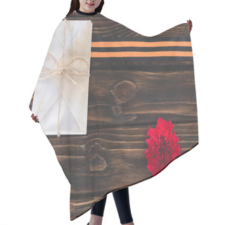 Personality  Top View Of Box Wrapped By String, Carnation And St. George Ribbon On Wooden Planks Hair Cutting Cape
