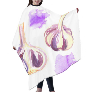 Personality  Set Of Garlic Painted With Watercolors On White Background. Colorful Hand-painted Bright Vegetables. Purple Garlic Hair Cutting Cape