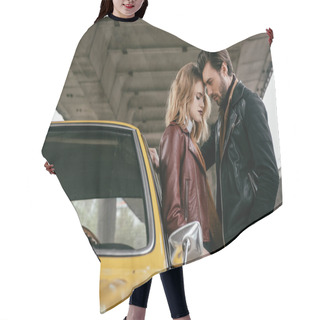 Personality  Side View Of Stylish Young Couple Hugging Near Yellow Retro Car Under Bridge  Hair Cutting Cape