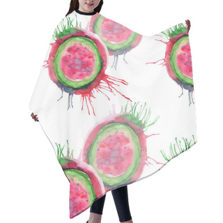 Personality  Abstract Bright Colorful Delicious Tasty Yummy Ripe Juicy Cute Lovely Red Summer Autumn Cut Watermelon With Blots And Spray Pattern Watercolor Hand Illustration. Perfect For Textile, Wallpapers, Cards Hair Cutting Cape