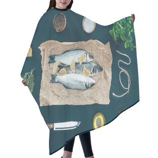 Personality  Top View Of Gourmet Fish With Lemon Slices On Baking Paper And Spices On Black Hair Cutting Cape