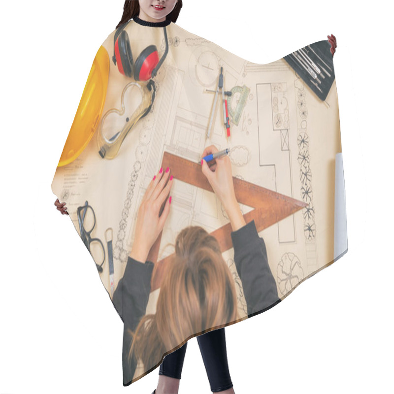 Personality  Female Architect Working On A Project. Hair Cutting Cape
