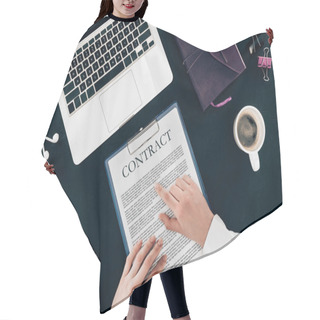 Personality  Cropped Shot Of Businesswoman Reading Contract At Workplace Isolated On Black Hair Cutting Cape