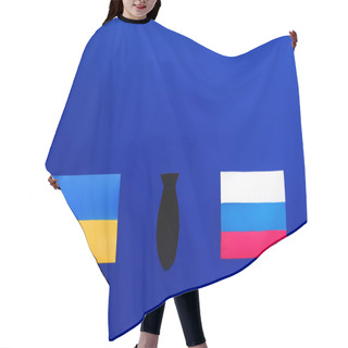 Personality  Top View Of Paper Bomb Between Ukrainian And Russian Flags On Blue Background  Hair Cutting Cape