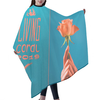 Personality  Color Of Year 2019 Handwritten Lettering With Coral Lipstick, And Partial View Of Coral Colored Female Hand With Coral Rose On Blue Divided Background Hair Cutting Cape