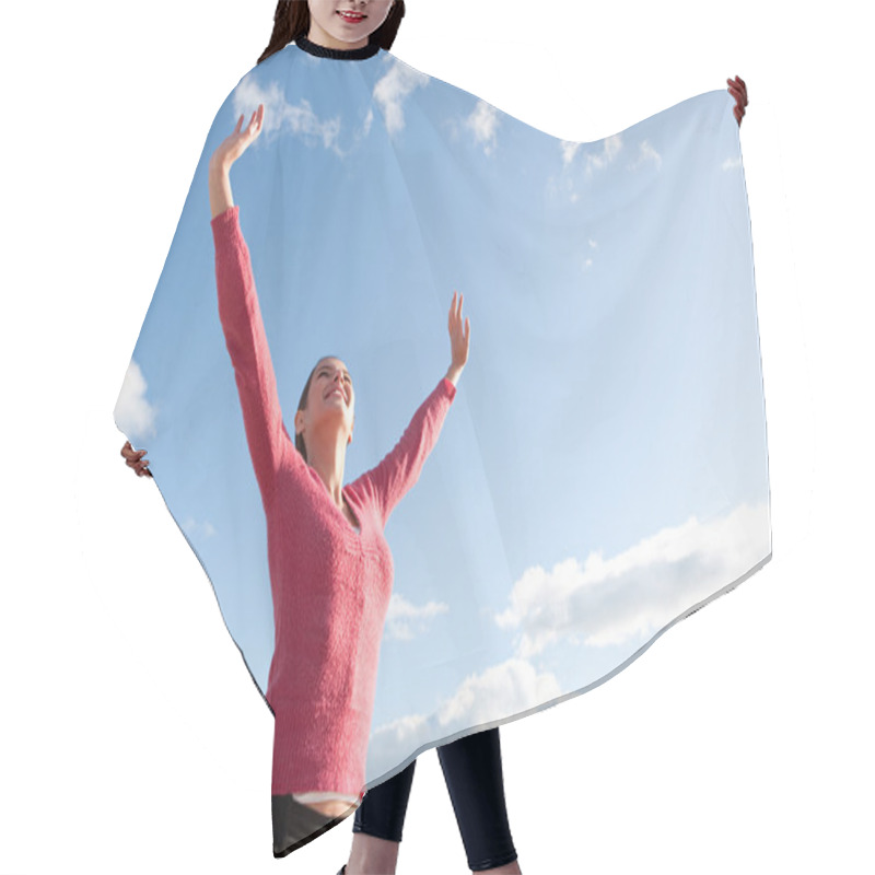 Personality  Woman Feeling Happy And Raising Her Arms Hair Cutting Cape