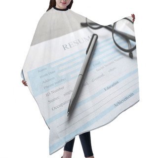 Personality  Resume Forms And Glasses On Table, Closeup. Job Interview Hair Cutting Cape