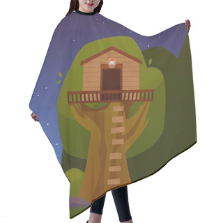 Personality  Tree House With Lighting, Night Landscape. Wooden Lodge On Big Tree With Ladder. Vector Cartoon Game Treeshed Summer Camp. Children Playground For Outdoors Activities In Forest, Dark Sky And Stars Hair Cutting Cape