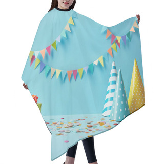 Personality  Party Hats, Confetti And Gifts On Blue Background With Colorful Bunting Hair Cutting Cape
