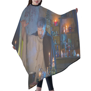 Personality  Portrait Of  Wizard With Burning Candles And Magic Potions Hair Cutting Cape