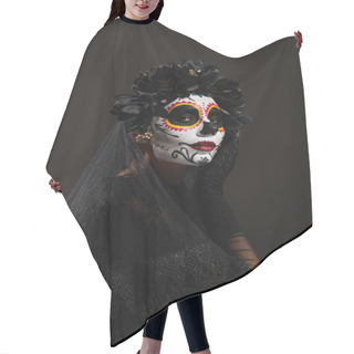 Personality  Woman In Spooky Halloween Makeup And Dark Wreath With Veil Looking At Camera Isolated On Black Hair Cutting Cape