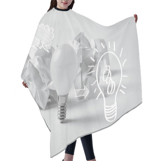 Personality  White Light Bulb With Drawn Light Bulb Sign On Background With Crumpled Papers Hair Cutting Cape