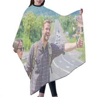 Personality  Couple Travelers Man And Girl Hitchhiking At Edge Road Nature Background. Travel By Autostop. Couple Hitchhikers Travelling Summer Sunny Day. Hitchhiking Is One Of Cheapest Ways Of Traveling Hair Cutting Cape