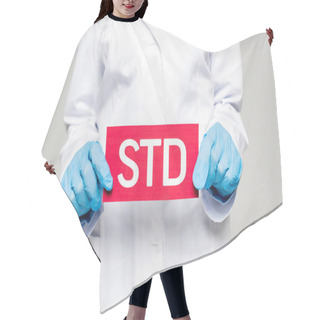 Personality  Cropped View Of Doctor In Blue Latex Gloves And White Coat Holding Std Lettering Isolated On Grey Hair Cutting Cape