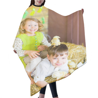 Personality  Boy With The Girl On Hay With Chickens Hair Cutting Cape