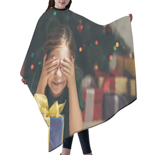 Personality  Smiling Kid Lying On Floor Near Gift Box And Covering Eyes With Hands Hair Cutting Cape