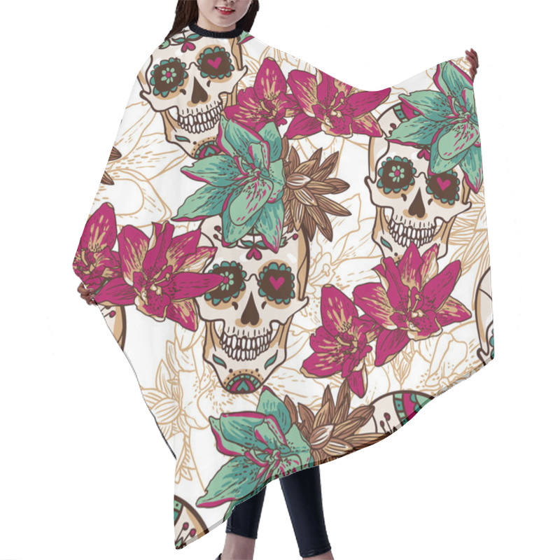 Personality  Skull, Hearts and Flowers Seamless Background hair cutting cape