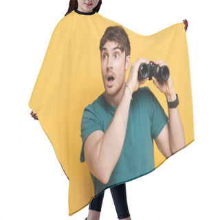 Personality  Handsome Shocked Man Holding Binoculars On Yellow Hair Cutting Cape