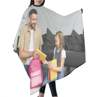 Personality  Daughter And Father Packing Backpack For First Day At School, Back To School Concept Hair Cutting Cape
