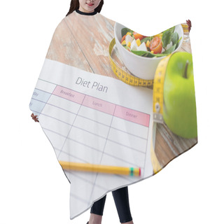 Personality  Close Up Of Diet Plan And Food On Table Hair Cutting Cape