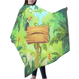 Personality  Cartoon Jungle Background. Tropical Forest Nature Frame, Game Screen With Wooden Panel And Green Exotic Leaves. Vector Signboard Hair Cutting Cape