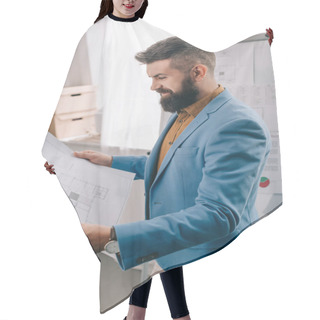 Personality  Side View Of Smiling Adult Male Architect In Blue Formal Wear Holding Blueprint, Using Flip Chart And Working On Project In Office Hair Cutting Cape