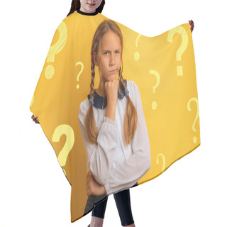 Personality  Young Student Has Some Doubt About Something. Yellow Background Hair Cutting Cape