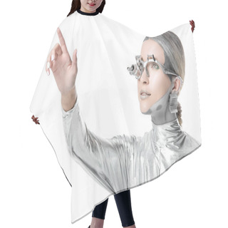 Personality  Portrait Of Silver Cyborg Touching Something Isolated On White, Future Technology Concept Hair Cutting Cape